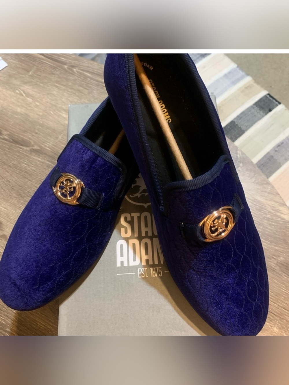 Stacy Adams Men's Navy Velvet Slip-On Loafers with Gold Emblem